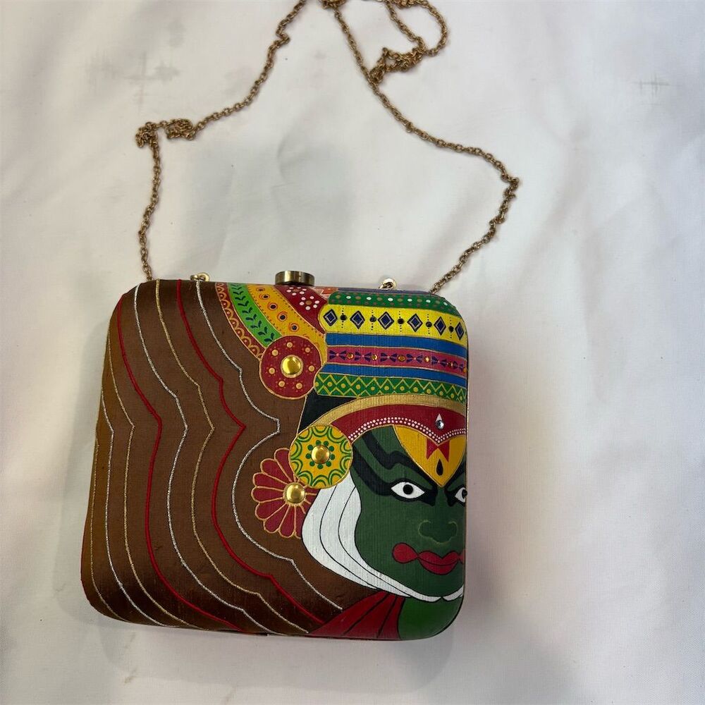 Women's Kathakali Hand-Painted Silk Handpainted Clutch w/ Chain